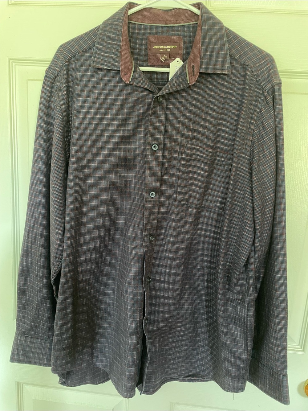 Johnston & Murphy Men’s L Navy Burgundy Plaid Check Long Sleeve Shirt 👔